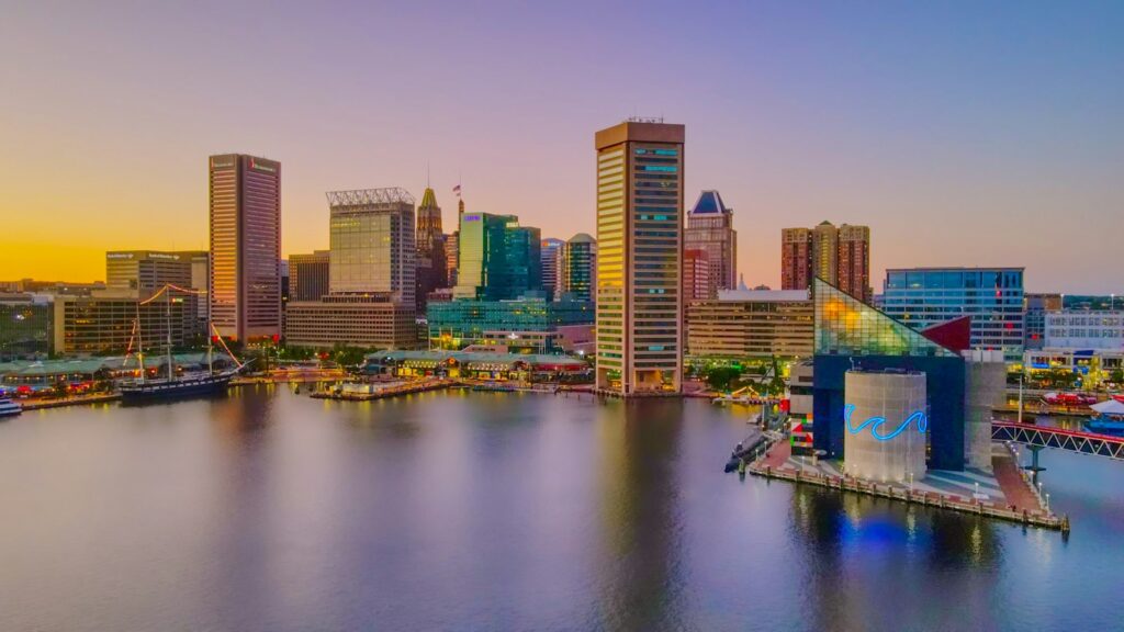 Baltimore Inner Harbor skyline at dusk