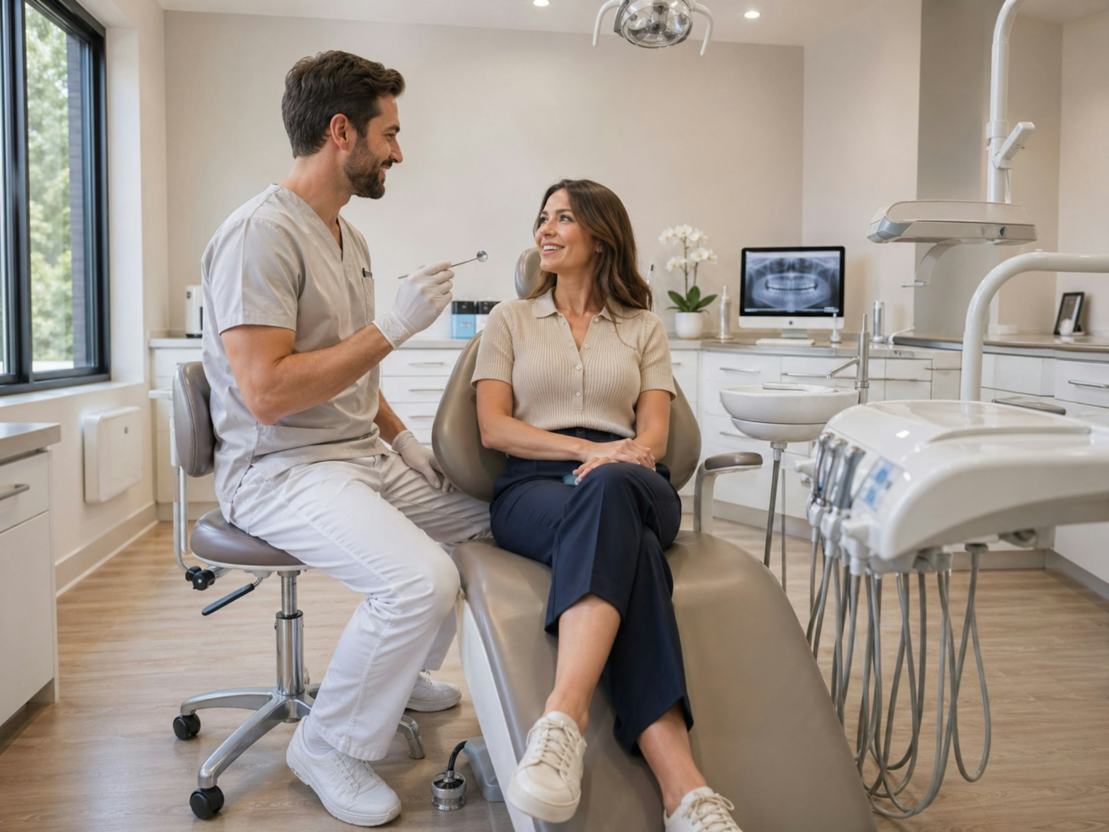 Dentist talking with a patient in a dental office